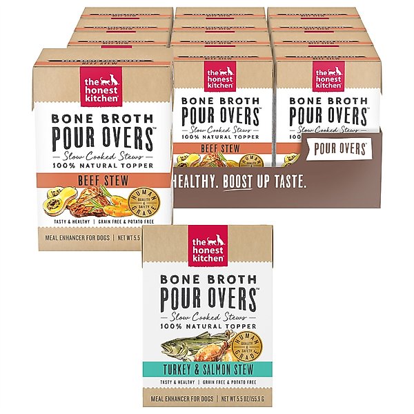 The Honest Kitchen Bone Broth POUR OVERS Turkey & Salmon Stew + Beef Stew Wet Dog Food Topper slide 1 of 9