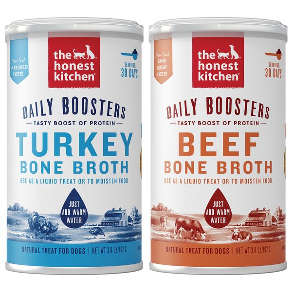 The Honest Kitchen Daily Boosters Beef Bone Broth + Daily Boosters Turkey Bone Broth with Turmeric for Dogs slide 1 of 9