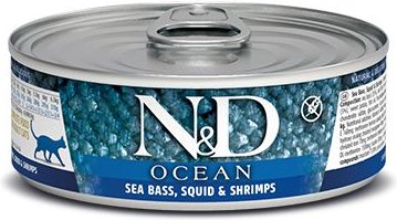 Farmina N&D Ocean Sea Bass & Squid & Shrimp Grain-Free Wet Cat Food, 2.46-oz can, case of 24 slide 1 of 1