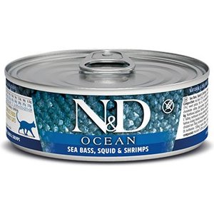 Farmina N&D Ocean Sea Bass & Squid & Shrimp Grain-Free Wet Cat Food, 2.46-oz can, case of 24