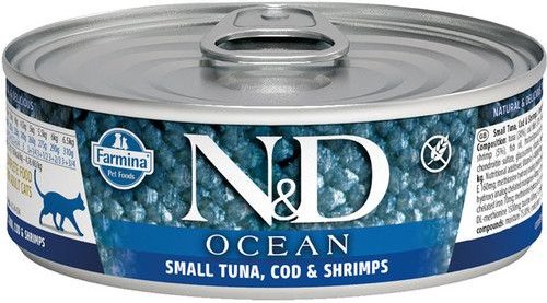 Farmina N&D Ocean Tuna, Cod & Shrimp Grain-Free Wet Cat Food, 2.46-oz can, case of 24 slide 1 of 1