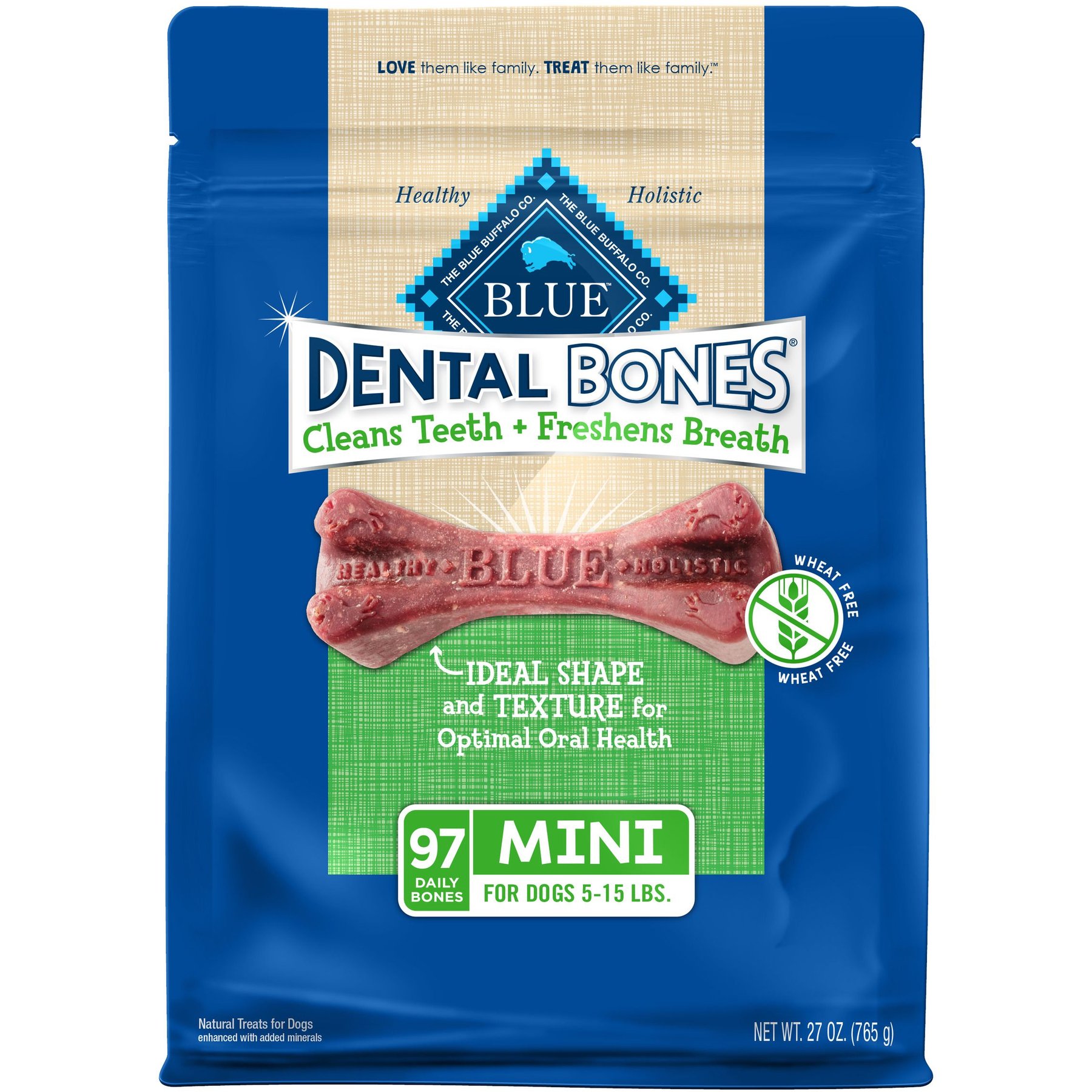 Blue Buffalo Dental Bones Mini All Natural Rawhide Free Dental Dog Treats 97 count