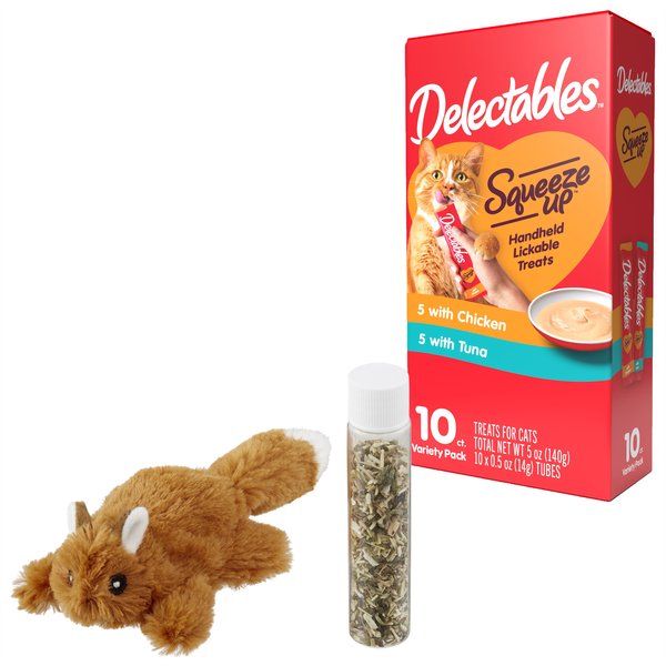 Hartz Delectables Squeeze Up Variety Pack Lickable Treats + Frisco Refillable Catnip Cat Toy, Brown Squirrel slide 1 of 9