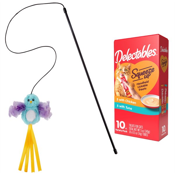 Hartz Delectables Squeeze Up Variety Pack Lickable Treats + Frisco Bird Teaser with Feathers Cat Toy, Blue slide 1 of 9