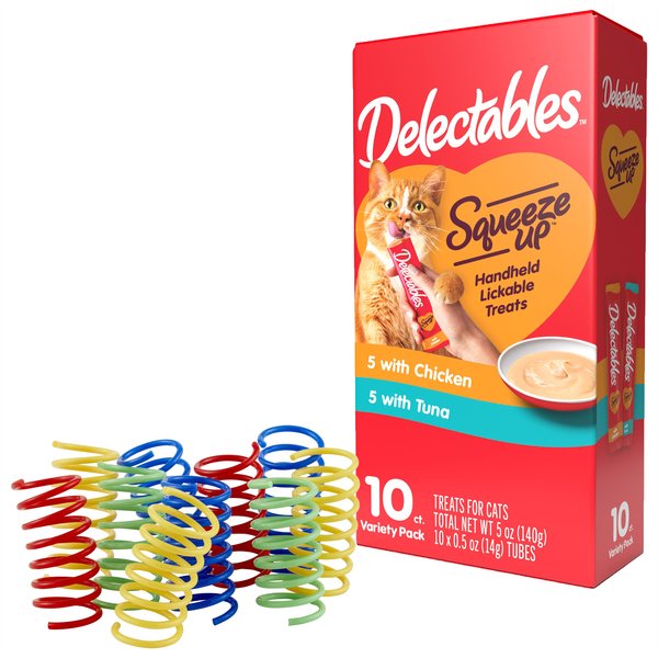 Hartz Delectables Squeeze Up Variety Pack Lickable Treats + Frisco Colorful Springs Cat Toy, 10 count slide 1 of 9