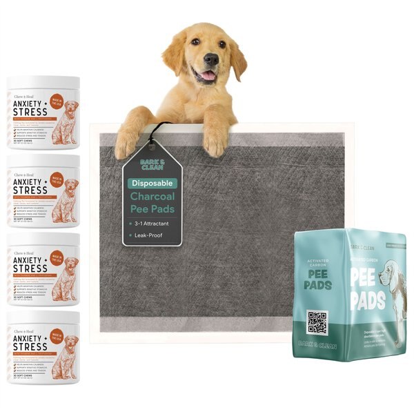 Chew + Heal Travel-Sized Anxiety & Stress Chews Supplement, 120 count + Bark & Clean Activated Charcoal Traveller's Dog Potty Pad, 5 Count slide 1 of 9