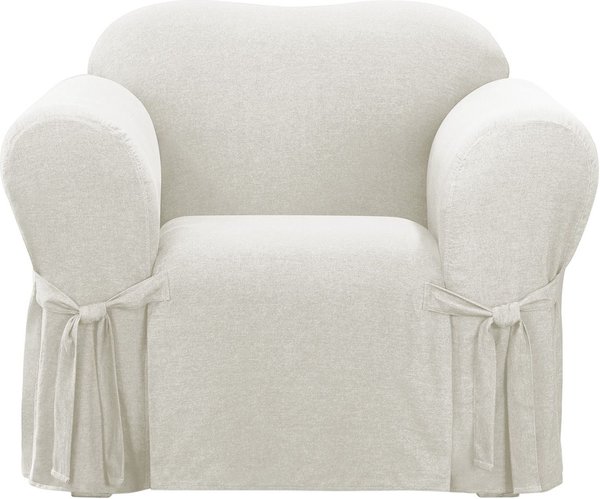 Sure Fit Farmhouse Armchair Basketweave One Piece Slipcover w/Ties Dog & Cat Cover, Oatmeal slide 1 of 3