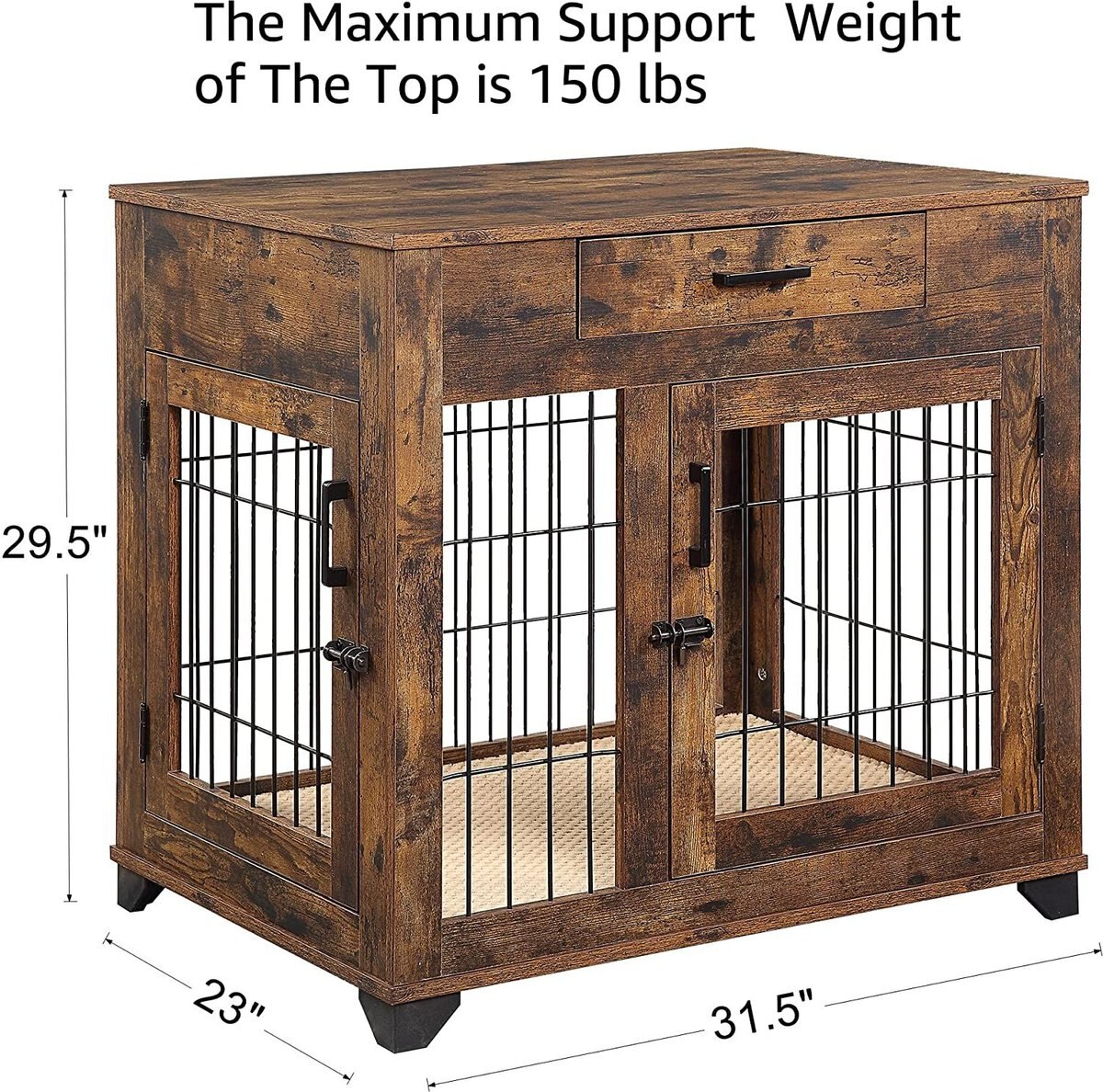 UNIPAWS Wooden Wire Double Door Furniture End Table Dog Crate, Rustic