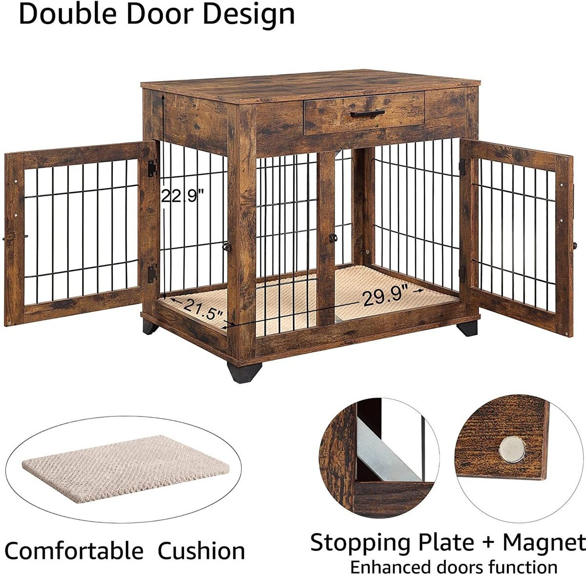 UNIPAWS Wooden Wire Double Door Furniture End Table Dog Crate, Rustic