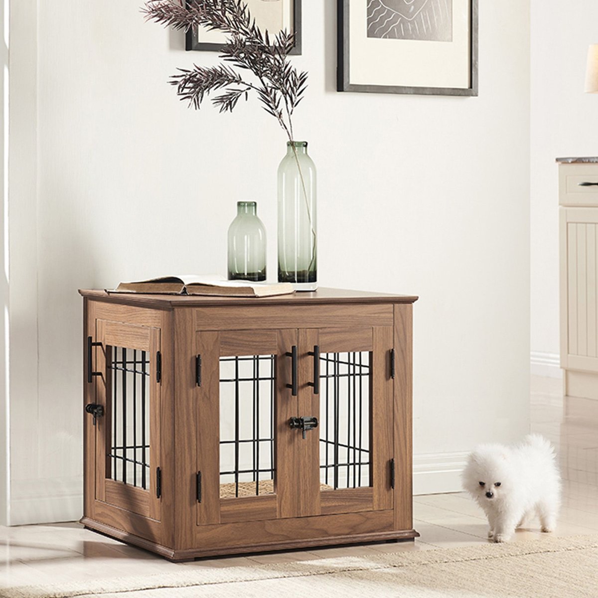 UNIPAWS Wooden Wire Dog Crate Furniture End Table, Walnut 