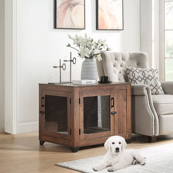 UNIPAWS Wooden Wire Dog Crate Furniture End Table, Walnut