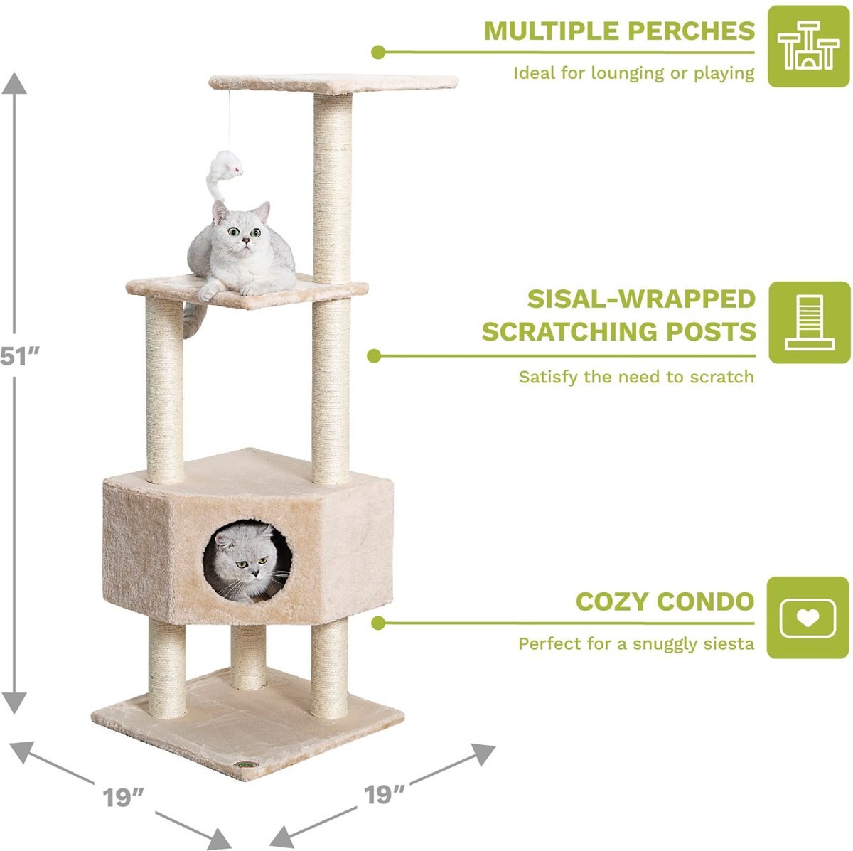 GO PET CLUB 51in Faux Fur Cat Tree & Condo, Beige