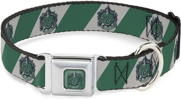 Buckle-Down Seatbelt Buckle Slytherin Crest Diagonal Stripe Dog Collar, Gray & Green