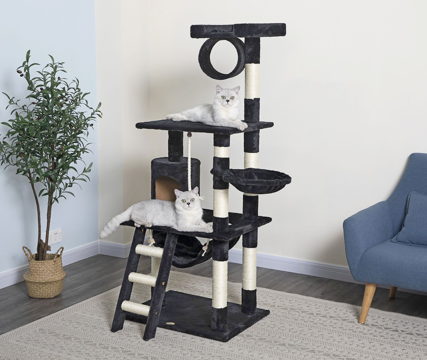 Go Pet Club 62-in House & Dangling Toys Cat Tree, Black