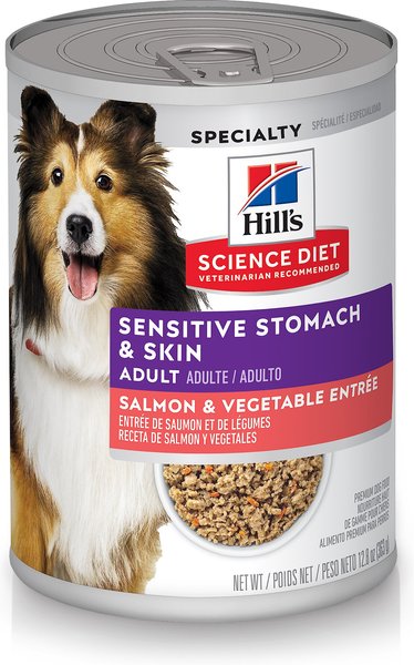 Hill's Science Diet Adult Sensitive Stomach & Skin Grain-Free Salmon & Vegetable Entree Canned Dog Food, 12.8-oz, case of 12 slide 1 of 11