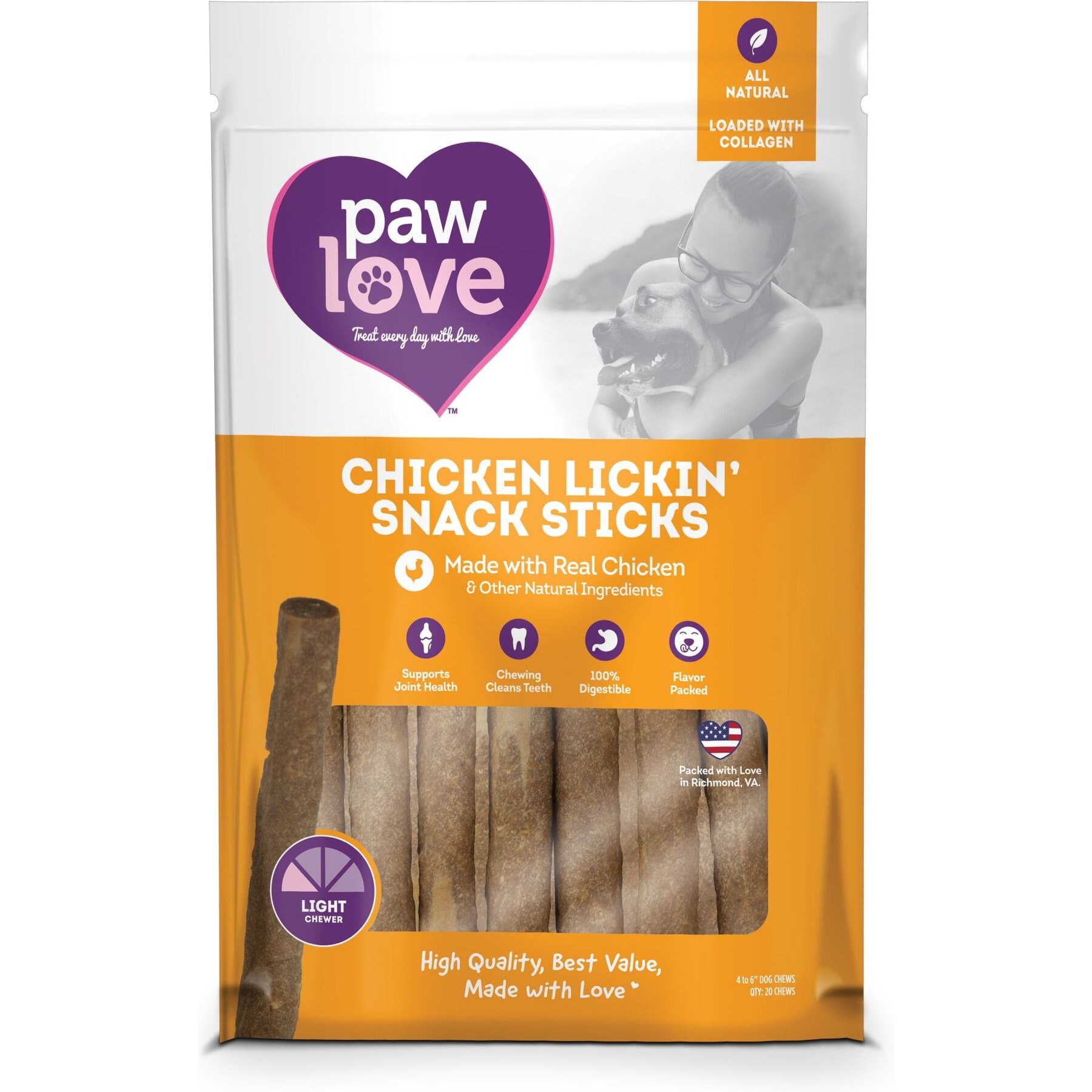 PAWLOVE 5in Chicken Lickin’ Snack Sticks Dog Treat, 20 count