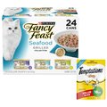 Fancy Feast Grilled Seafood Feast Variety Pack Canned Food + Temptations Classic Tasty Chicken Flavor Cat Treats