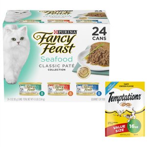 Fancy Feast Classic Seafood Feast Variety Pack Canned Food + Temptations Classic Tasty Chicken Flavor Cat Treats
