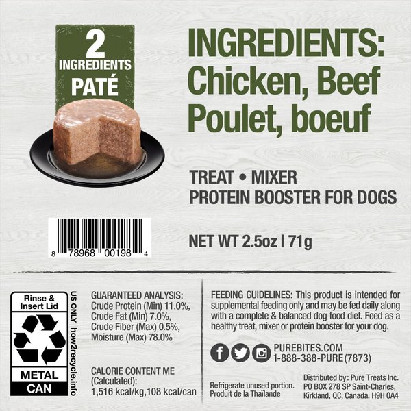 PureBites Dog Pates Chicken & Beef Food Topping, 2.5-oz can