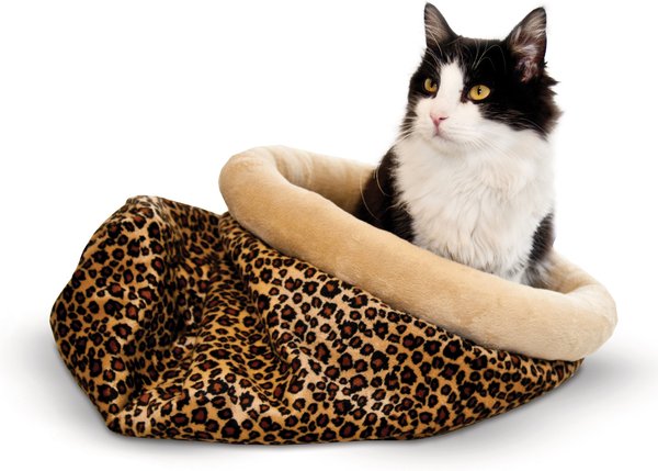 K&H Pet Products Self-Warming Cat Sack Covered Bag Warming Cat Bed, Leopard slide 1 of 9