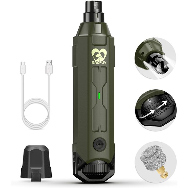 CASFUY Upgraded Quiet 6 Speed Electric Dog & Cat Nail Grinder with 2 LED Lights, Army Green