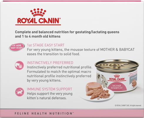 Show full view: Royal Canin Mother & Babycat Ultra-Soft Mousse in Sauce Wet Cat Food for New Kittens & Nursing or Pregnant Mother Cats, 5.8-oz can, case of 24 slide 3 of 10