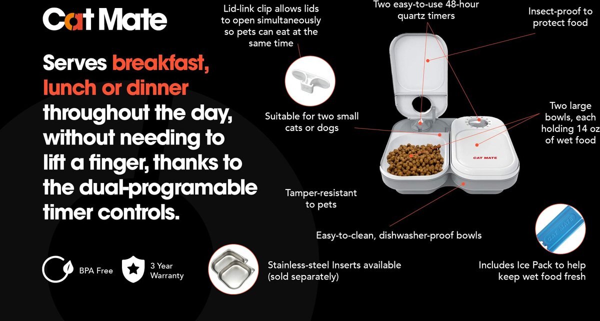 CAT MATE C200 2Bowl Automatic Dog & Cat Feeder, 4cup