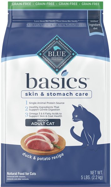 Blue Buffalo Basics Skin & Stomach Care Grain-Free Formula Duck & Potato Indoor Adult Dry Cat Food, 5-lb bag slide 1 of 10