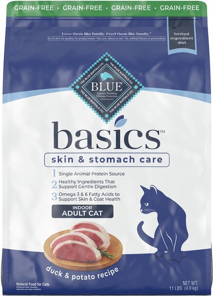 Blue Buffalo Basics Skin & Stomach Care Grain-Free Formula Duck & Potato Indoor Adult Dry Cat Food, 11-lb bag slide 1 of 10