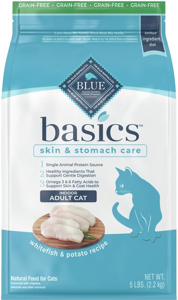 BLUE BUFFALO Basics Skin & Stomach Care Grain-Free Formula Fish & Potato  Indoor Adult Dry Cat Food, 5-lb bag 