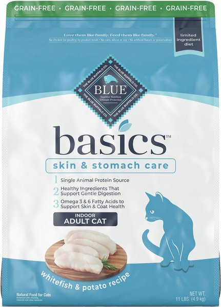 Blue Buffalo Basics Skin & Stomach Care Grain-Free Formula Fish & Potato Indoor Adult Dry Cat Food, 11-lb bag slide 1 of 10