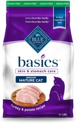 Blue Buffalo Basics Skin & Stomach Care Grain-Free Formula Turkey & Potato Indoor Mature Dry Cat Food, 11-lb bag