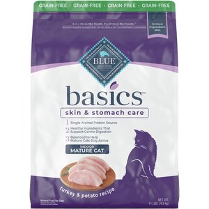 Blue Buffalo Basics Skin & Stomach Care Grain-Free Formula Turkey & Potato Indoor Mature Dry Cat Food, 11-lb bag