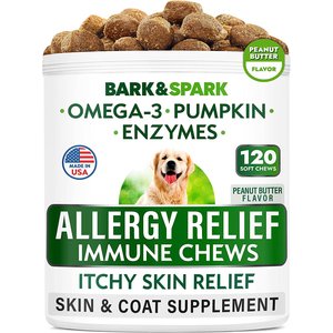 Bark&Spark Allergy Relief Omega 3 Anti-Itch Dog Chews Peanut Butter Flavor, 120 count