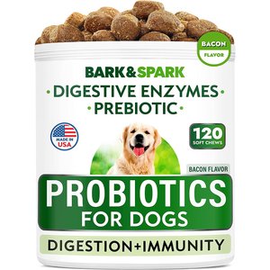 Bark&Spark Dog Probiotics for Dogs with Digestive Enzymes Prebiotics Fiber Supplement Bacon Flavored, 120 count