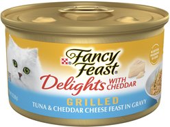 Fancy Feast Delights with Cheddar Grilled Tuna & Cheddar Cheese Feast in Gravy Canned Cat Food, 3-oz, case of 24