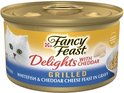 Fancy Feast Delights with Cheddar Grilled Whitefish & Cheddar Cheese Feast in Gravy Canned Cat Food, 3-oz, case of 24