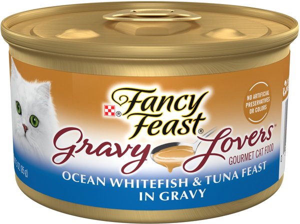 Fancy Feast Gravy Lovers Ocean Whitefish & Tuna Feast in Sauteed Seafood Flavor Gravy Canned Cat Food, 3-oz, case of 24 slide 1 of 10