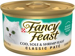 Fancy Feast Classic Pate Cod, Sole & Shrimp Feast Canned Cat Food, 3-oz, case of 24