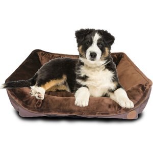 HappyCare Textiles Durable Rectangular Bolster Dog Sofa Bed, Brown, Medium
