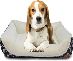 HappyCare Textiles Durable Printed Oxford Plush Bolster Cat & Dog Bed, Black, Medium