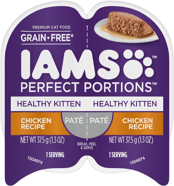 Iams Perfect Portions Healthy Kitten Chicken Recipe Pate Grain-Free Cat Food Trays, 2.6-oz, case of 24 twin-packs, bundle of 2 slide 1 of 8
