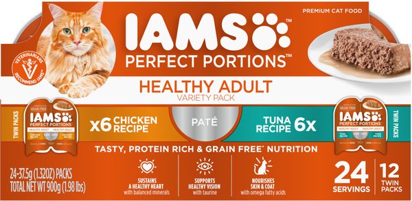 Iams Perfect Portions Healthy Adult Multipack Chicken & Tuna Recipe Pate Grain-Free Cat Food Trays, 2.6-oz tray, case of 12 twin-packs, bundle of 2 slide 1 of 8
