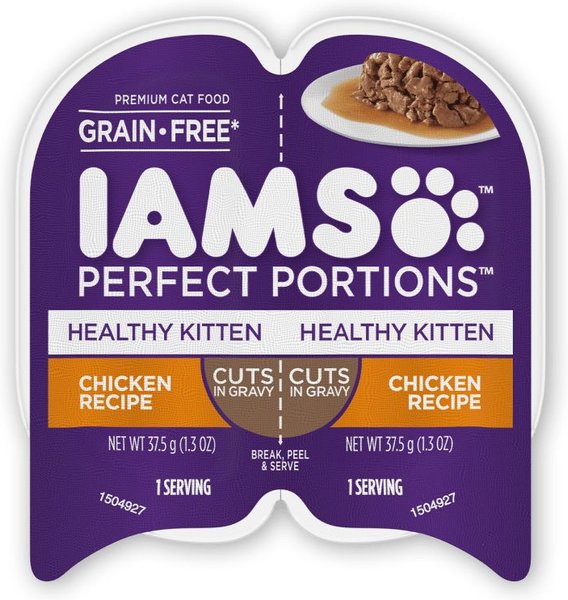 Iams Perfect Portions Healthy Kitten Chicken Recipe Grain-Free Cuts in Gravy Wet Cat Food Trays, 2.6-oz, case of 24 twin-packs, bundle of 2 slide 1 of 8