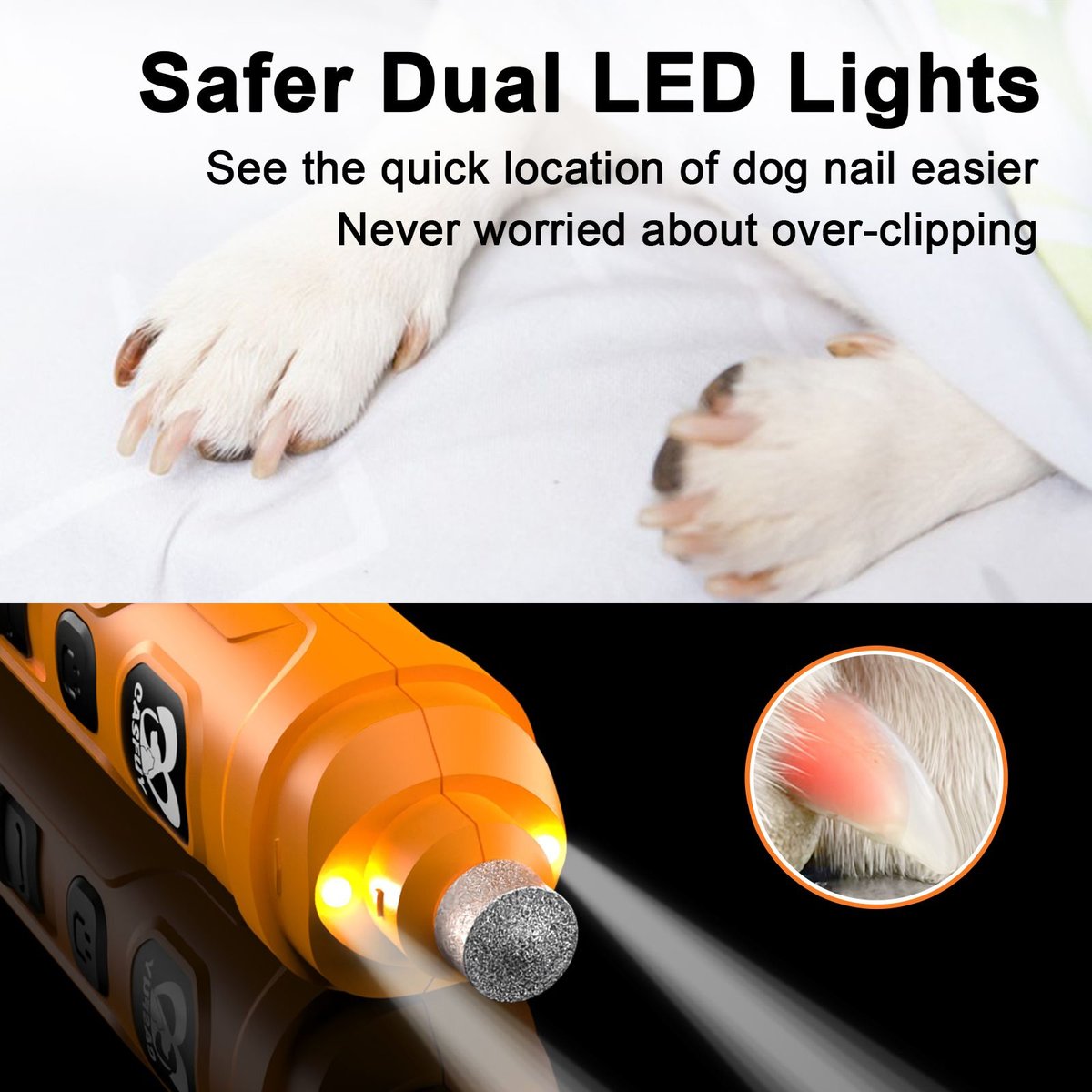 CASFUY 2 LED Light Cat & Dog Nail Grinder, Orange