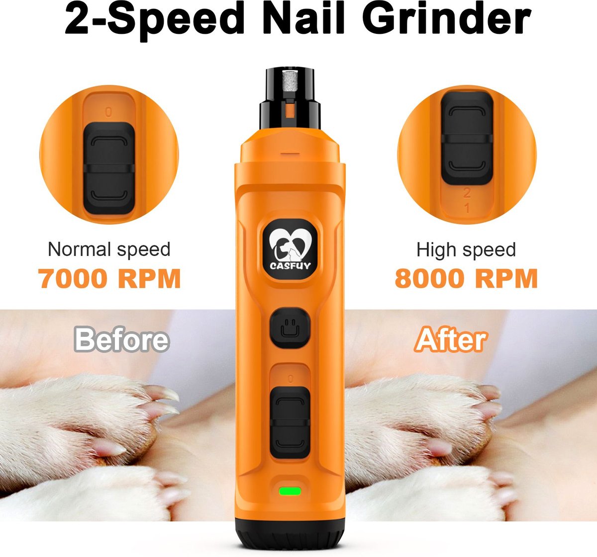 CASFUY 2 LED Light Cat & Dog Nail Grinder, Orange