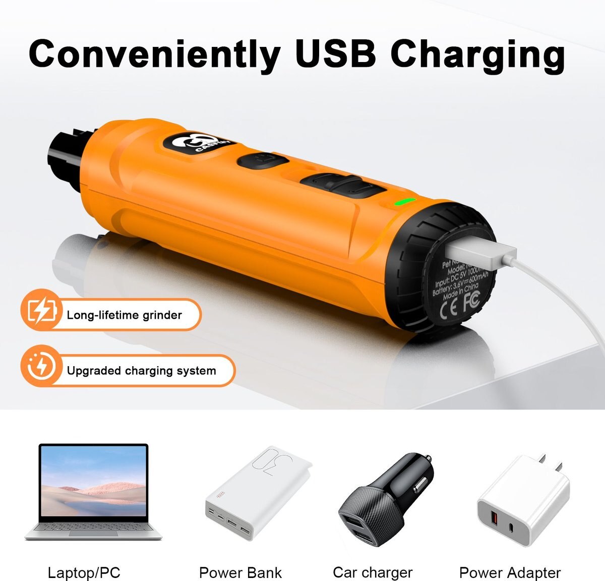 CASFUY 2 LED Light Cat & Dog Nail Grinder, Orange