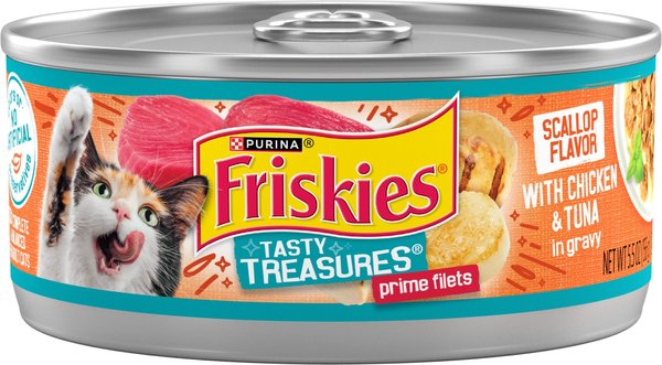 Friskies Tasty Treasures Chicken, Tuna & Scallop Flavor in Gravy Canned Cat Food, 5.5-oz can, case of 24 slide 1 of 9