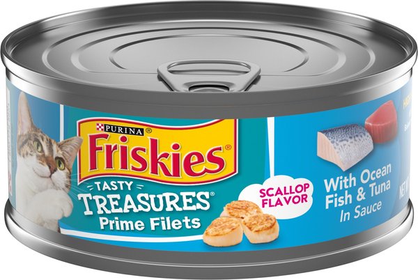 Friskies Tasty Treasures With Ocean Fish & Tuna & Scallop Flavor Wet Cat Food. 5.5-oz can, case of 24 slide 1 of 9
