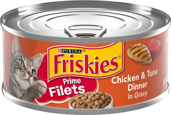 Friskies Prime Filets Chicken & Tuna Dinner in Gravy Canned Cat Food, 5.5-oz, case of 24 slide 1 of 11